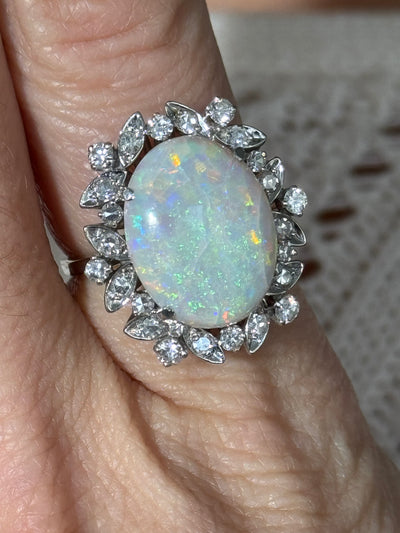 18k Opal Diamond and White Gold Vintage Ring