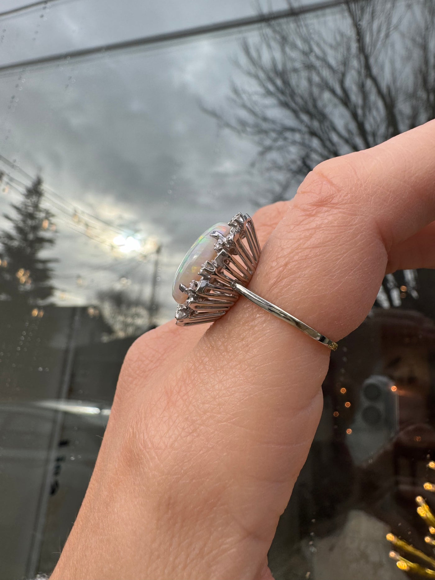 18k Opal Diamond and White Gold Vintage Ring CA