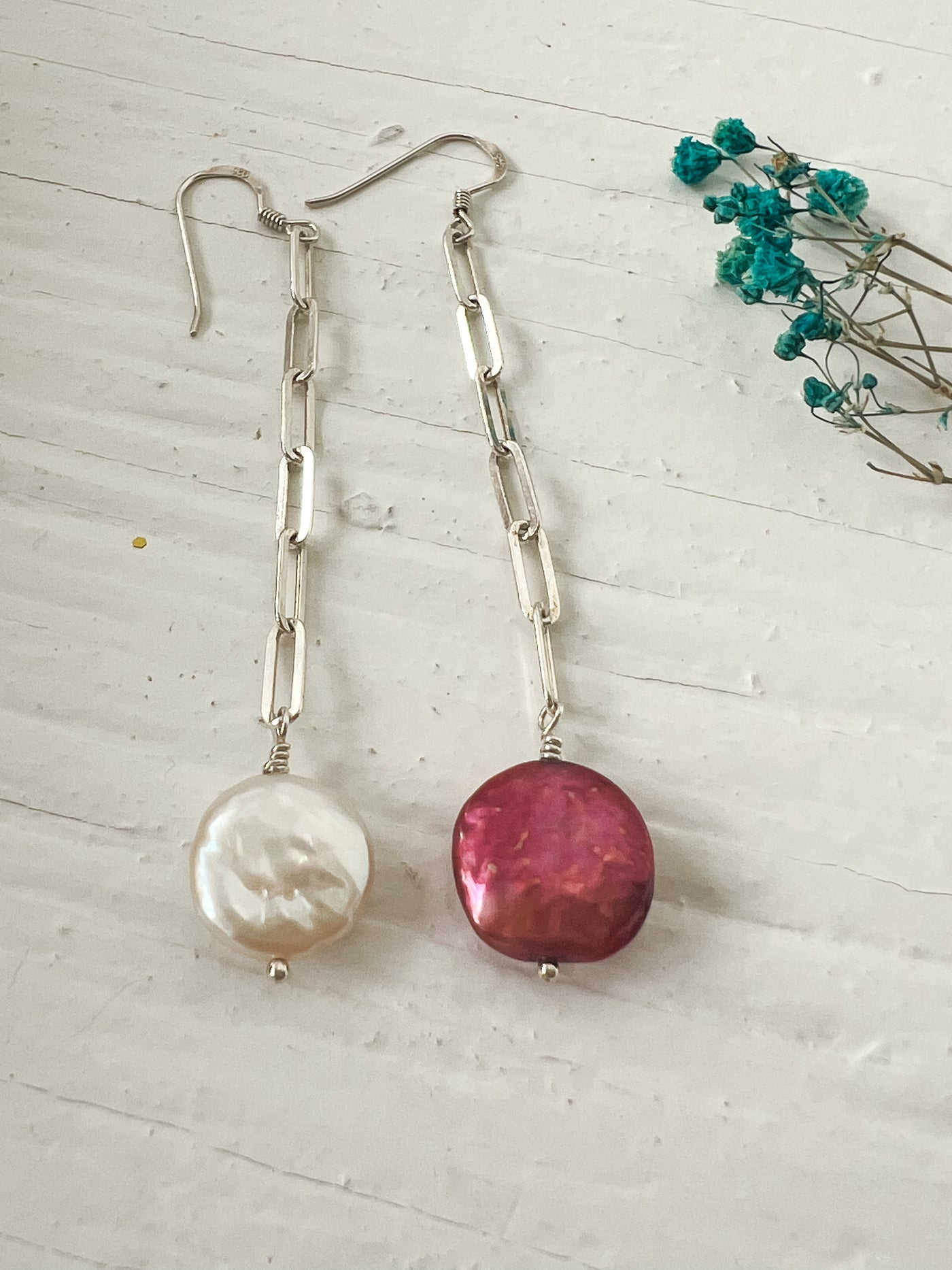 Pink and White Pearl Dangle Earrings