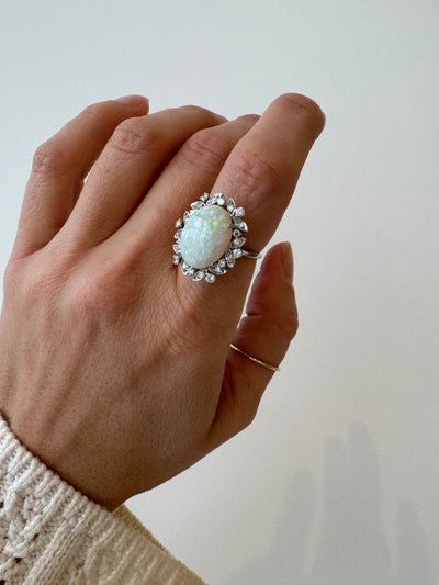 18k Opal Diamond and White Gold Vintage Ring
