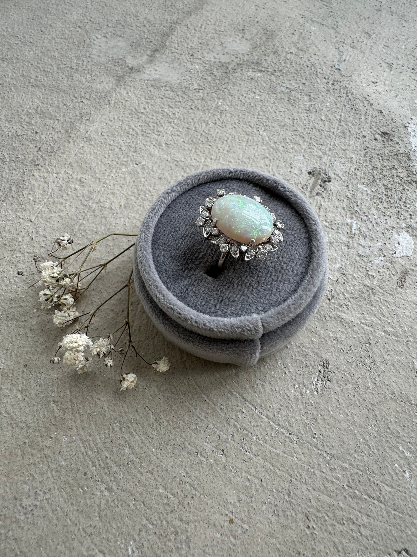 18k Opal Diamond and White Gold Vintage Ring CA
