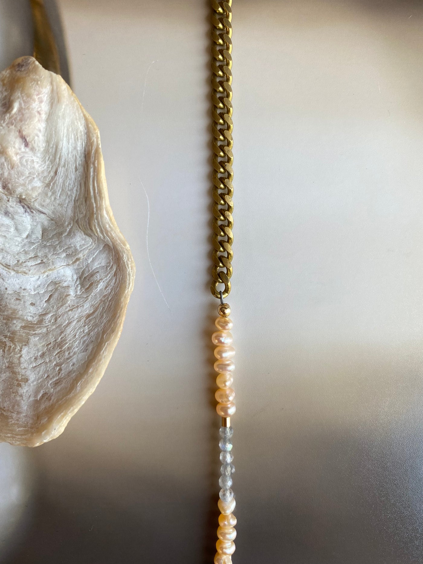 Vintage Brass Chain & Beaded Pearl Necklace