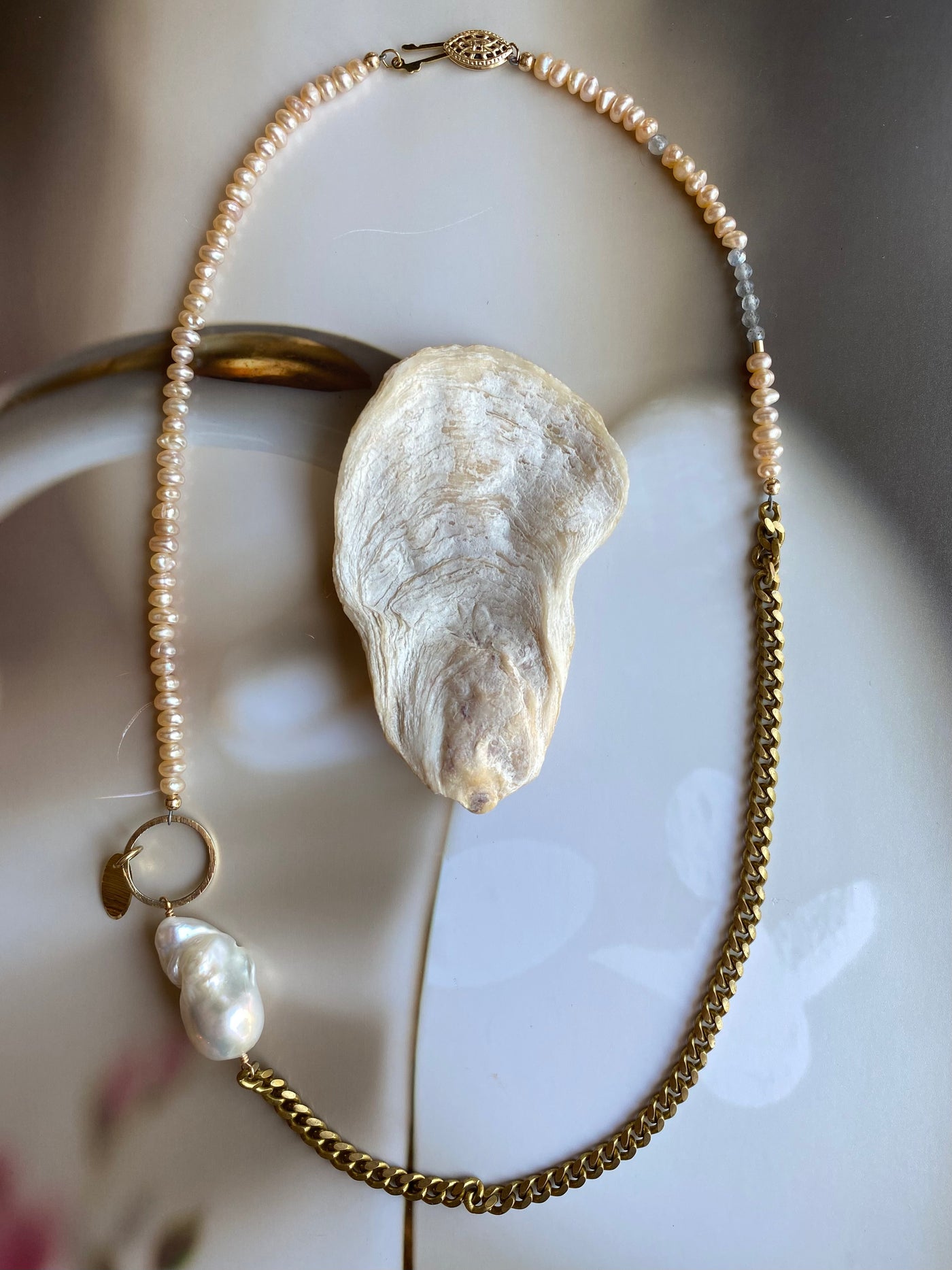 Vintage Brass Chain & Beaded Pearl Necklace