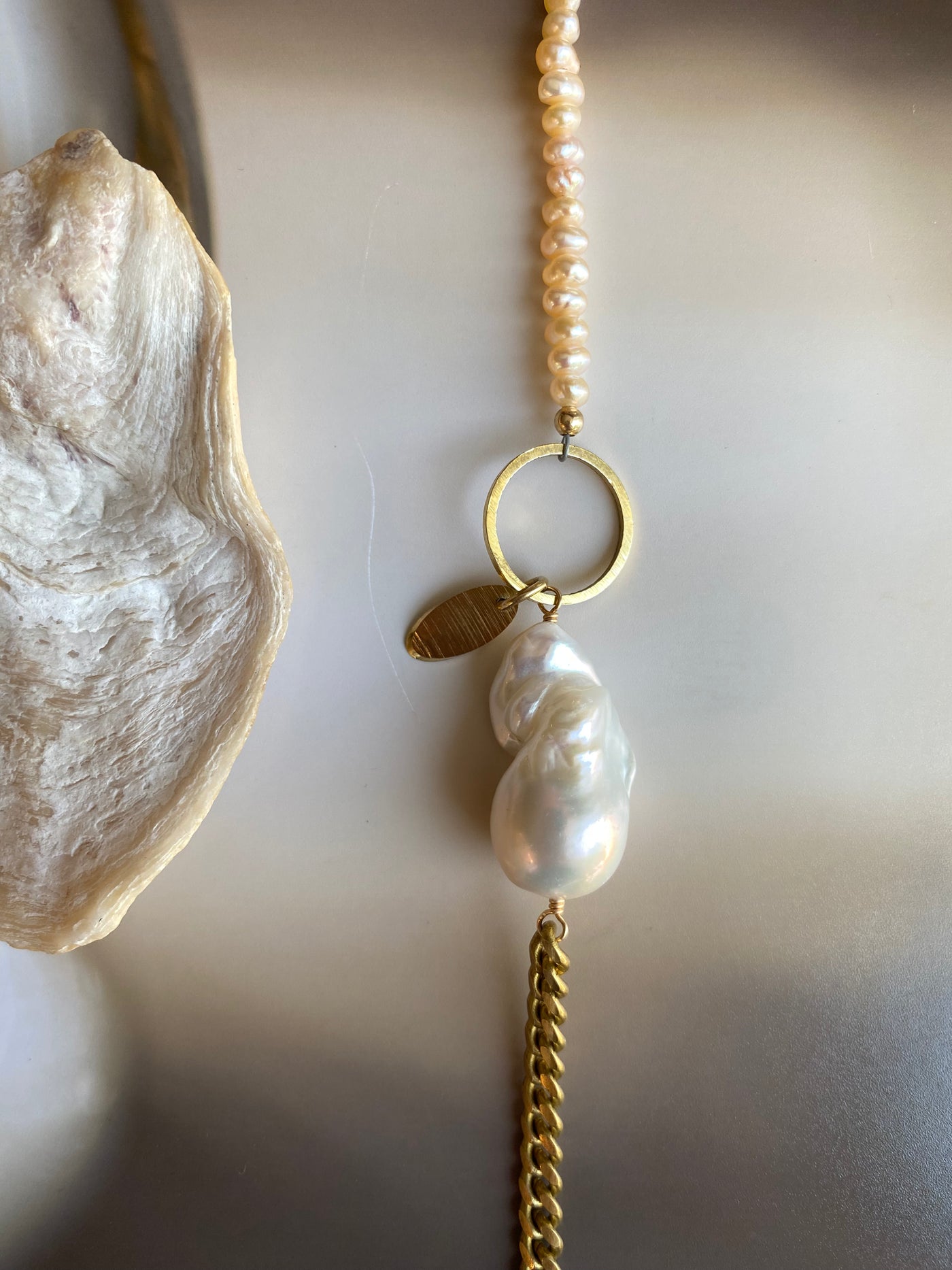 Vintage Brass Chain & Beaded Pearl Necklace