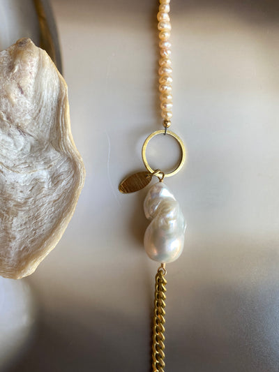 Vintage Brass Chain & Beaded Pearl Necklace