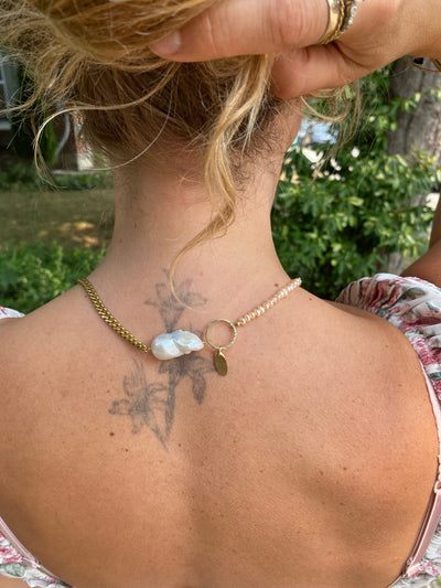 Vintage Brass Chain & Beaded Pearl Necklace