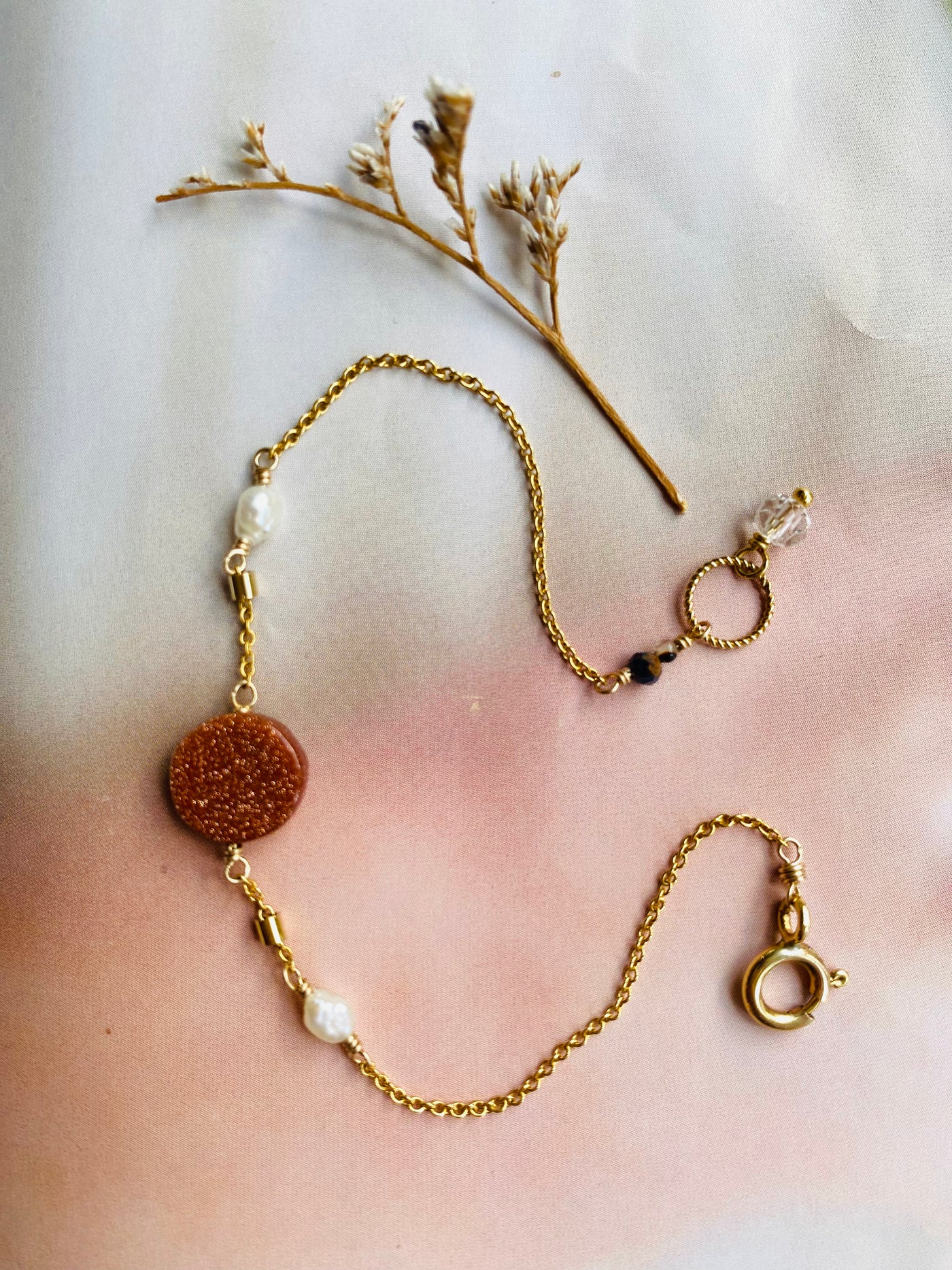 Goldstone and Pearl Bracelet