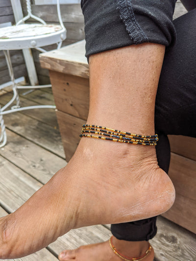 Black and Gold Beaded Wrapped Anklet