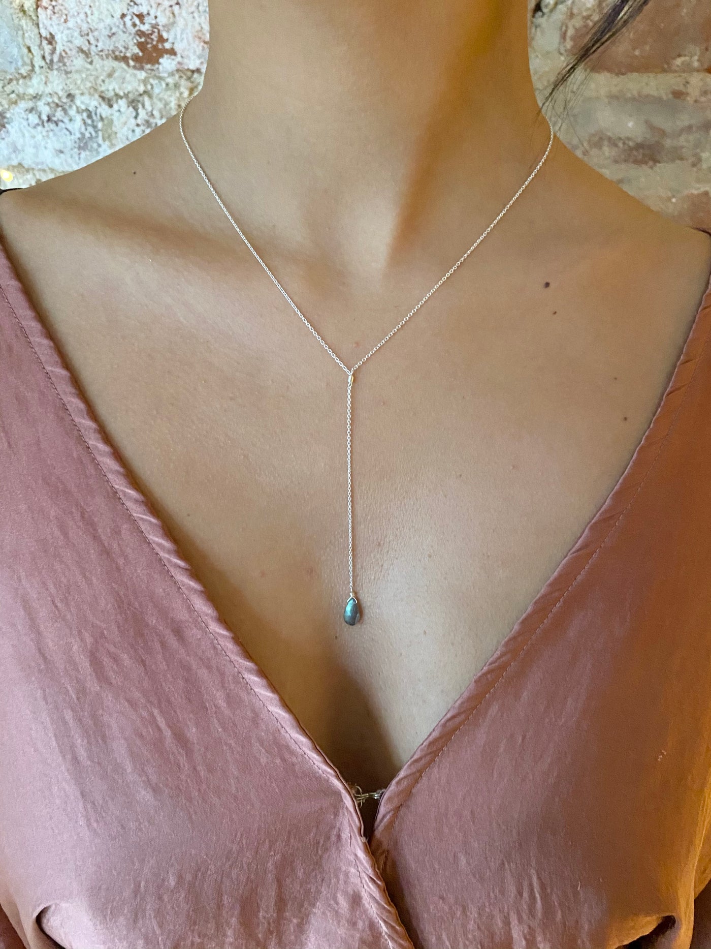 Labradorite and Silver Lariat Teardrop Necklace