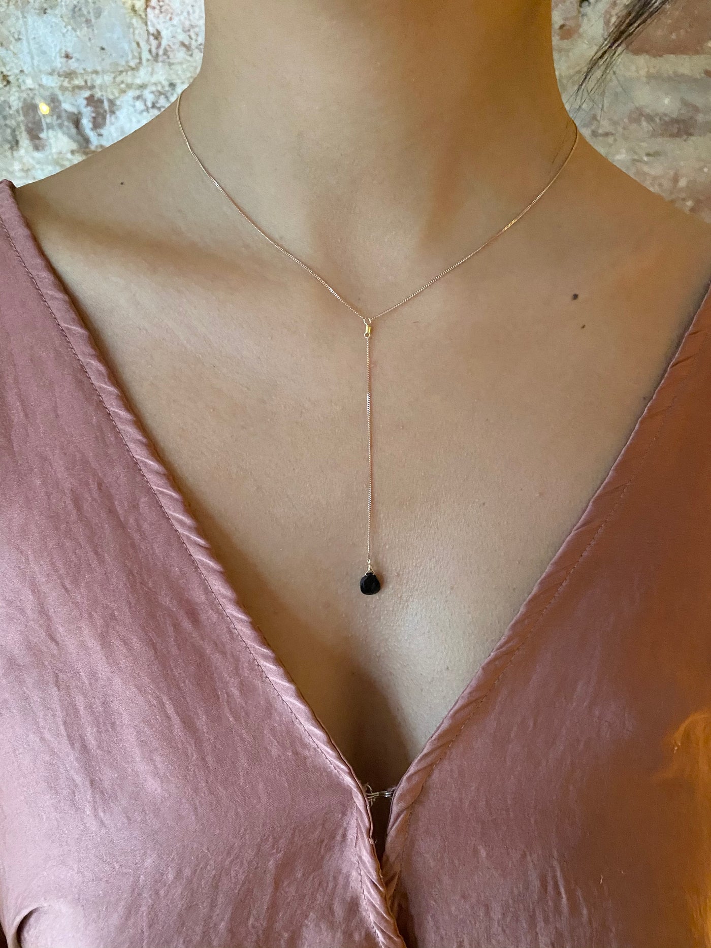 Spinel and Rose Gold Lariat Teardrop Necklace