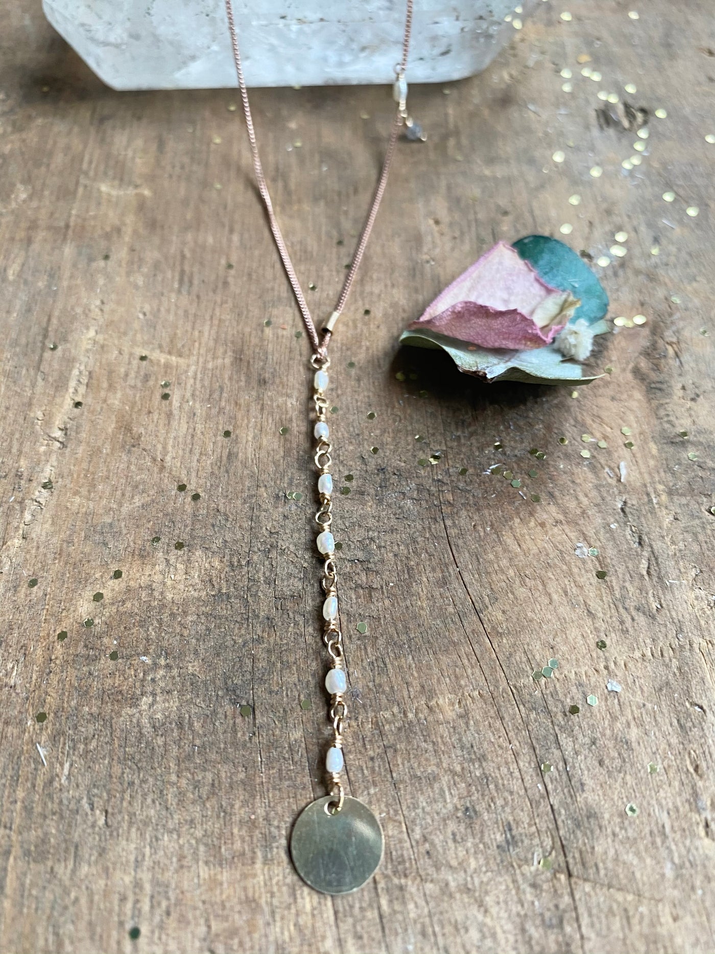 Golden Disc and Pearl Lariat Necklace